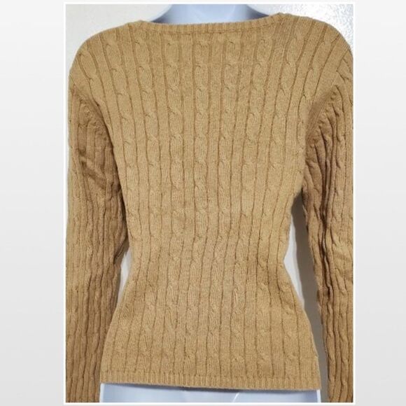 Petite Large Classic Ribbed Cable Knit Tan Sweater - Picture 8 of 14